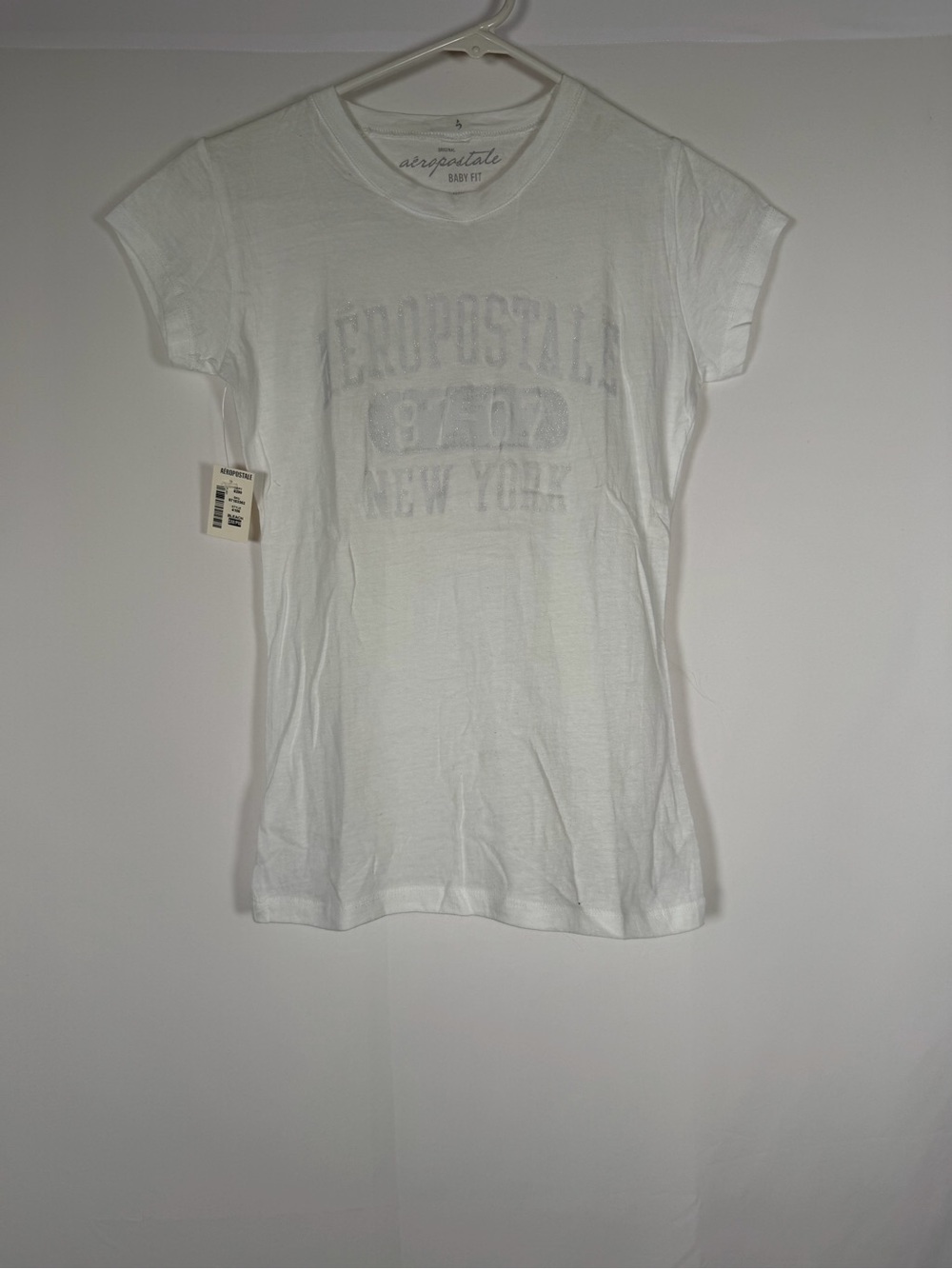 Vintage‎ Y2K Aeropostale White Short Sleeve Silver Sparkle Logo Baby Fit Tee